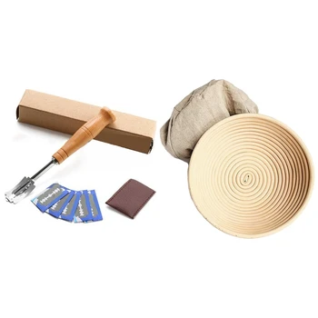 

2 Packs of 10 Inch Round Proof Basket with Cloth Cover & 1x Bread Bakers Cutter Slashing Tool Dough Making Razor