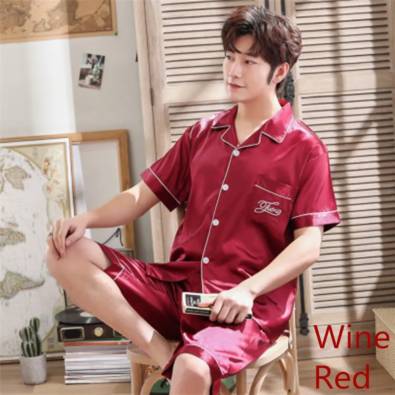 Men's Stain Silk Pajama Set Summer Short T-shirt & Pants Elastic Waist Male Pajamas Modern Style Soft Cozy Satin Nightgown Men's Stain Silk Pajama Set Summer Short T-shirt & Pants Elastic Waist Male Pajamas Modern Style Soft Cozy Satin Nightgown