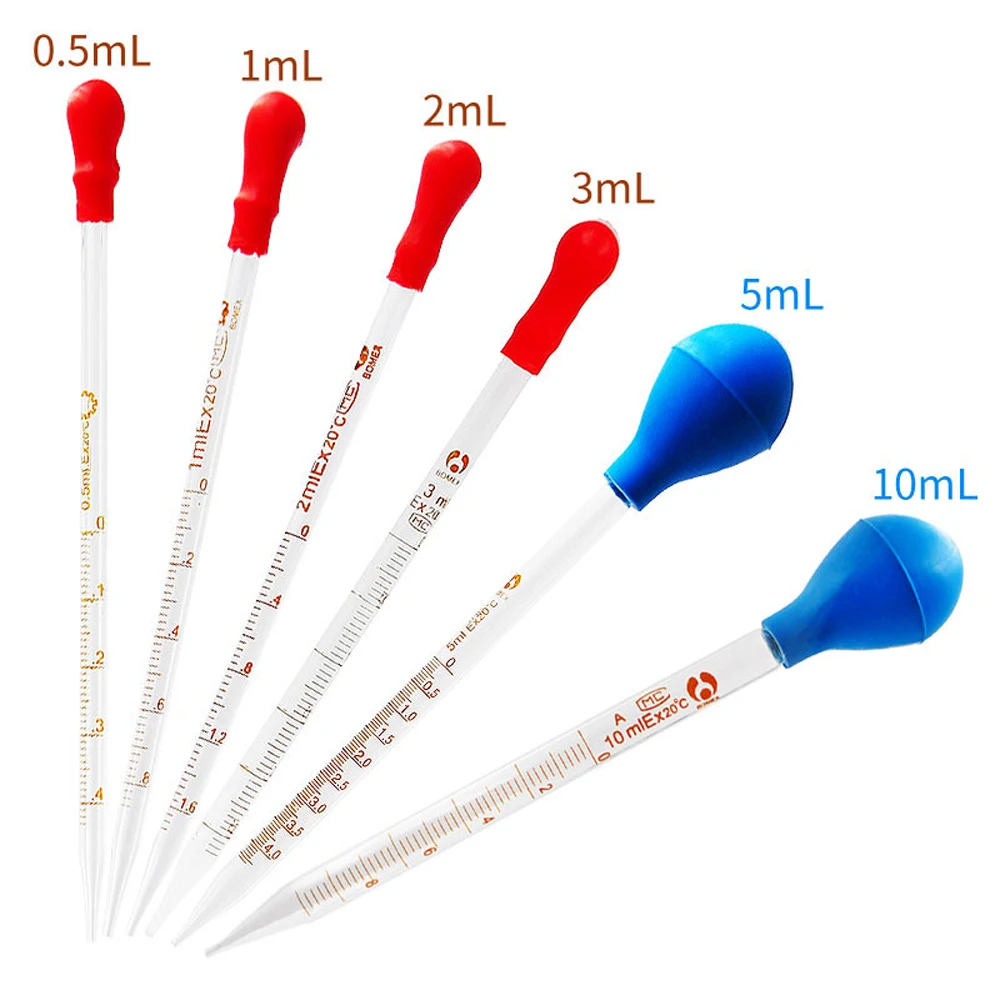 1pcs (0.5/1/2/3/5/10ml) Glass Scale Line Dropper Pipette Lab Dropper Dropping Pipet Blue Rubber