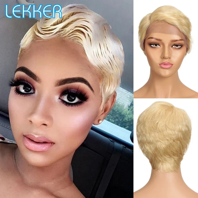 Lekker Short Pixie Bob T Part Lace Human Hair Wig For Women Natural Pre Plucked Glueless Ombre Burgundy Brazilian Remy 613 Wigs #613