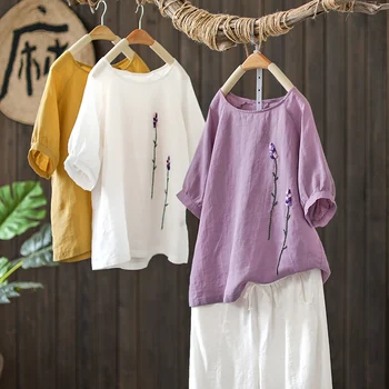

vintage flower embroidery women t-shirts 2020 summer new purple short-sleeved loose lady elegant pulls outwear tops tees