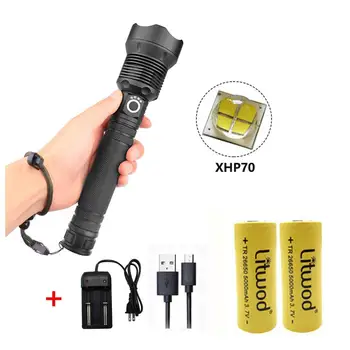 

XHP70 Zoomable Focus LED Flashlight High Brightness Battery Display Torch with 2 Batteries Charger
