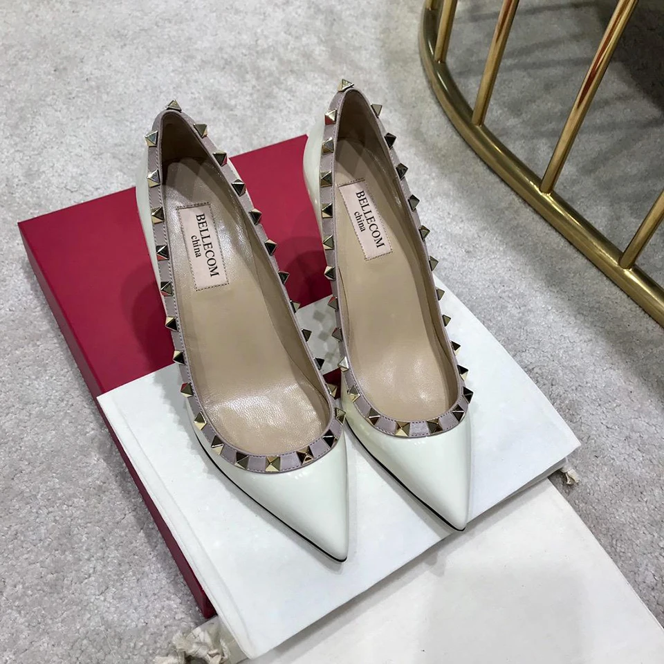 

SONFRNCH 2019 Autumn New Type Female Leather Tip Riveted High-heeled Slim-heeled Sexy Single Shoes