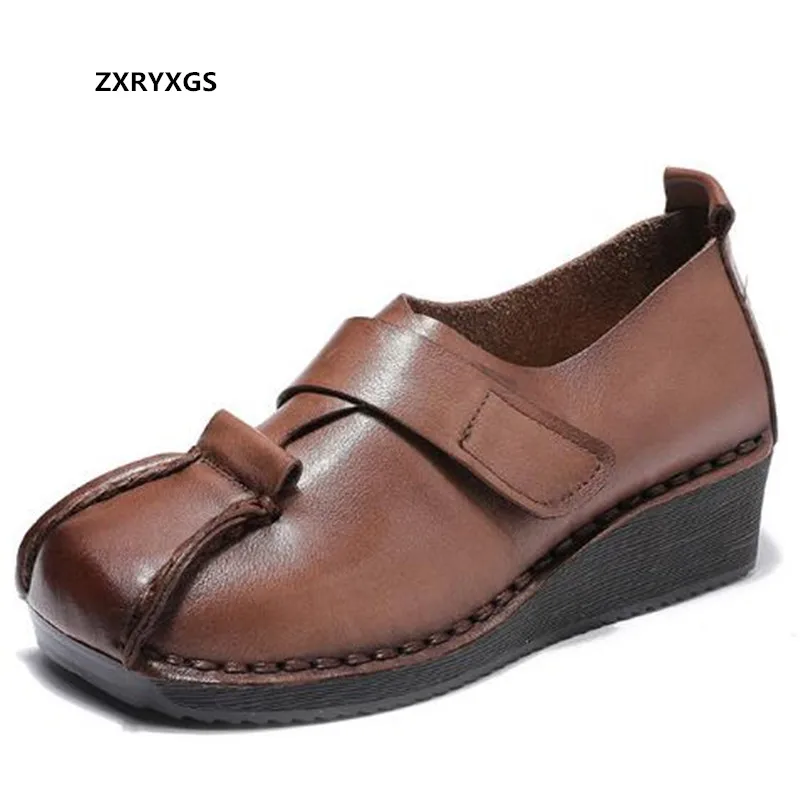 

ZXRYXGS 2021 New High Quality 100% Genuine Leather Shoes Rome Trendy Shoes Soft Sole Non-slip Wear Wedges Heel Shoe Women Shoes