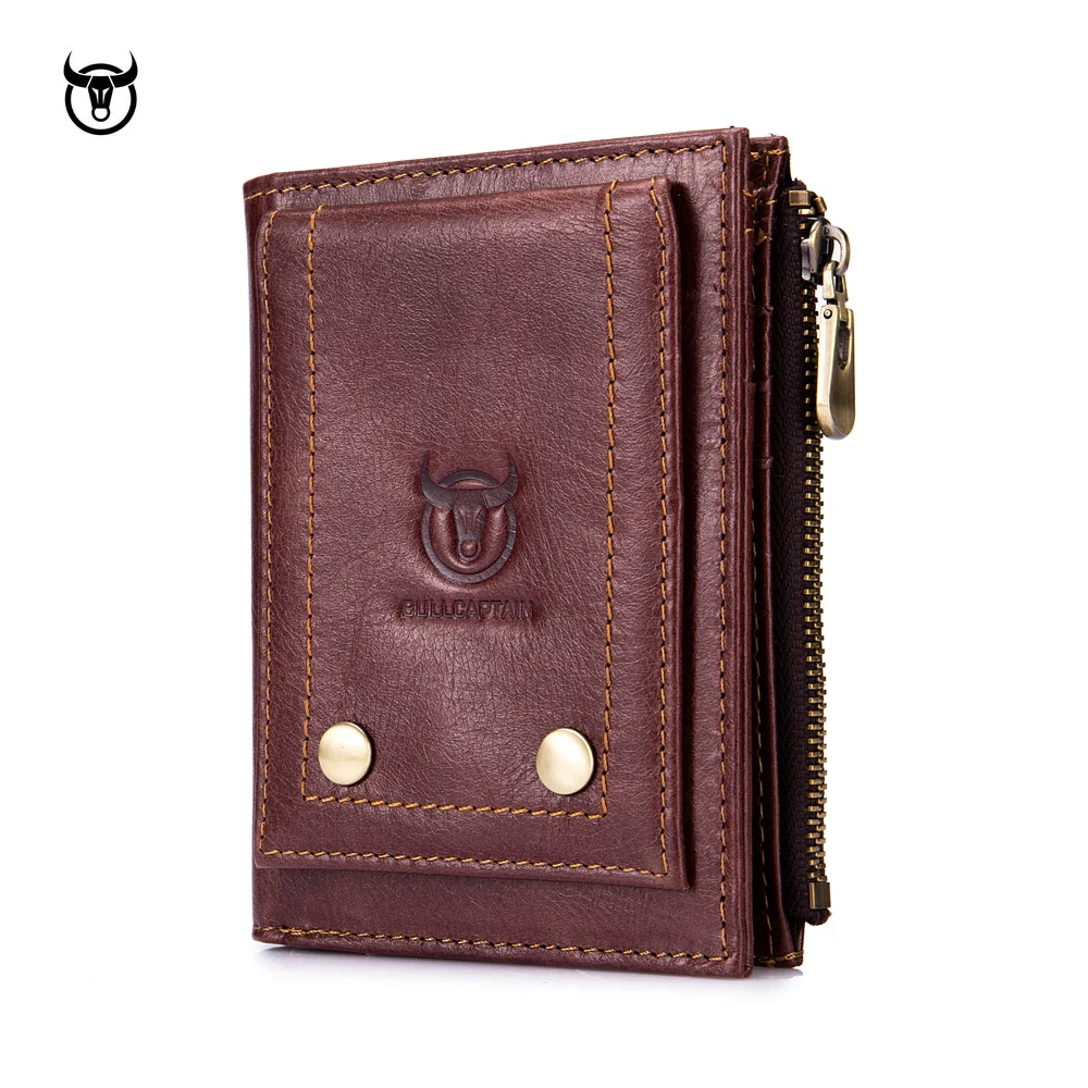 Quality Genuine Leather men Wallet Brand zipper Man Purse Vintage cow  leather Male card Coin Bag with iron chain