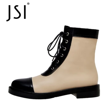 

JSI Mid-calf Low square Heel Boots Genuine Martin Woman Winter Round Toe Boots Ladies Cross-tied Patchwork Plaid Boots JO627