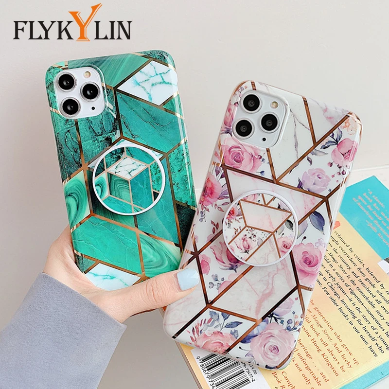 FLYKYLIN Plating Marble Case For Samsung Galaxy S20 Ultra S21 Plus Note 20 Cover Holder Stand Soft Silicone Phone Coque | Мобильные