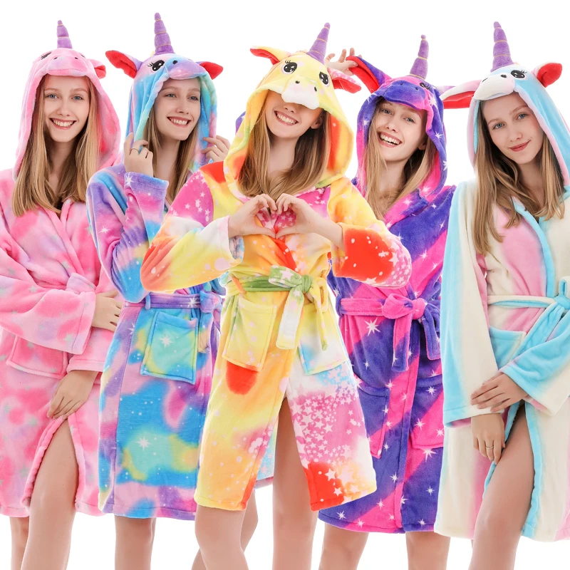 Kids Winter Flannel Bathrobes Cartoon Long Robe Unicorn Robes Pajamas Adult Dressing Gown Boys Girls Animal Sleepwear Bath Suit