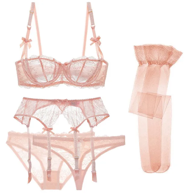 Varsbaby sexy lace 5 pcs bras+garters+panties+thongs+stockings underwear black/pink /white plus size bra set 3