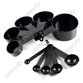 

10pcs Black Plastic Measuring Spoons Cups Measuring Set Tools For Baking Coffee