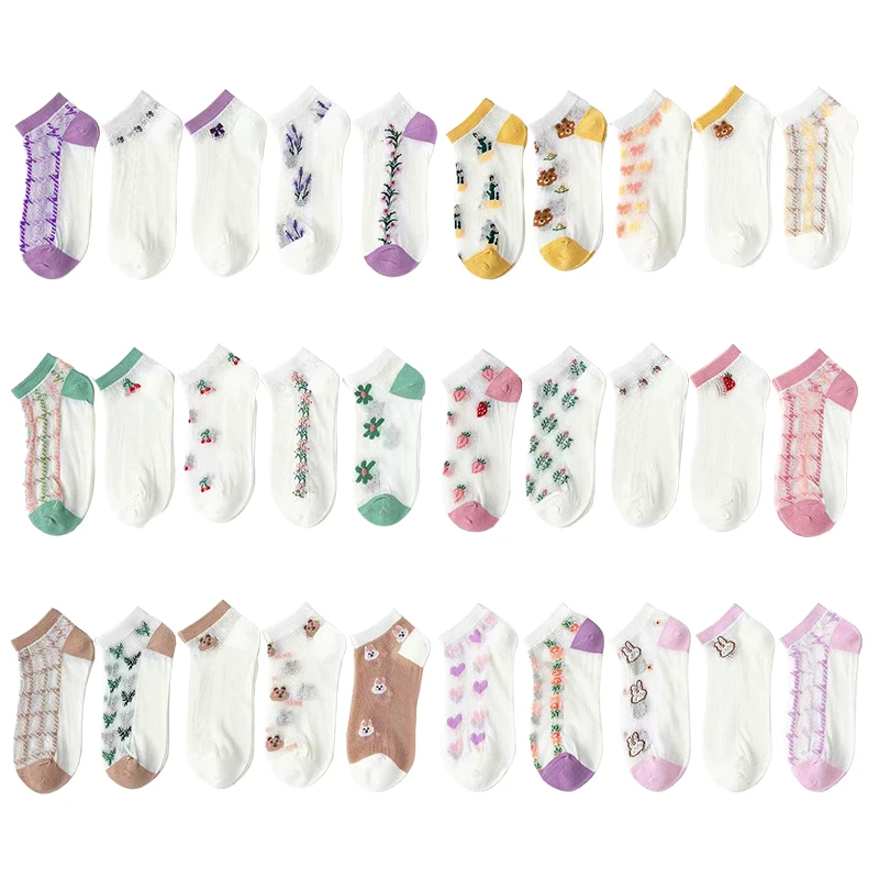 

5 Pairs New Cartoon Fruit Women Cotton Ankle Socks Summer Thin Animal Harajuku Mesh Female Casual Boat Socks Fashion Hipster