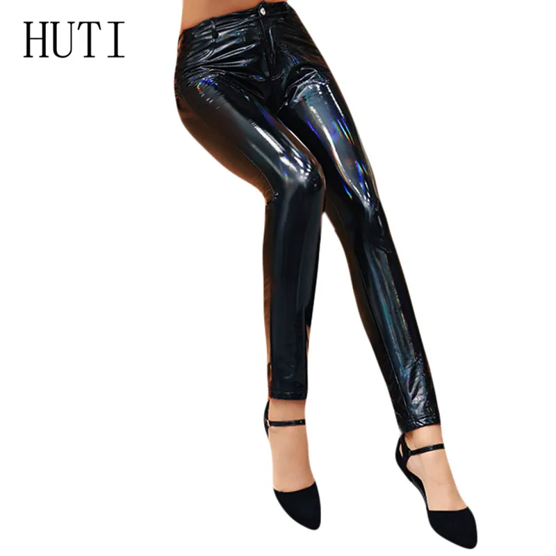 

HUTI New Street Fashion Punk Style Slim PU Leather Casual Trousers Women High Waist Female Pencil Pants Elastic Trousers Clothes