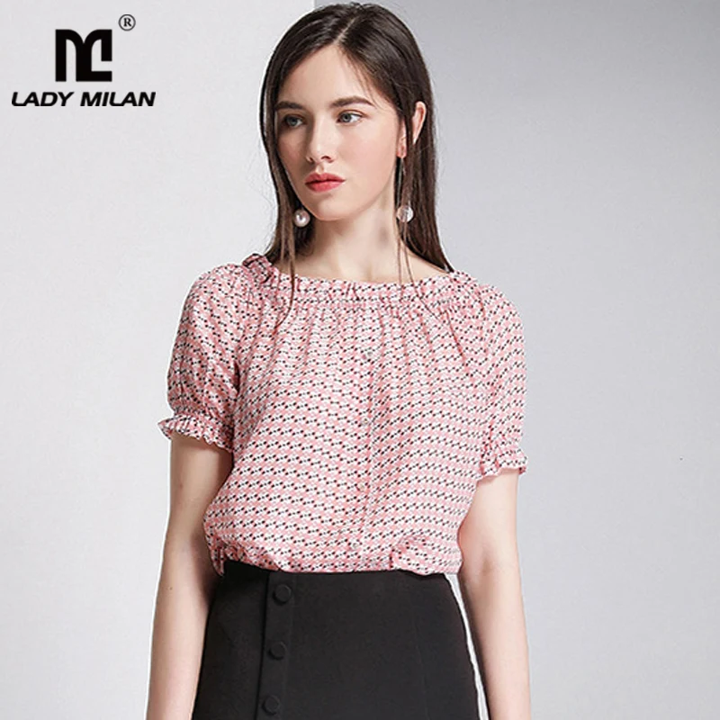 

Lady Milan 100% Pure Silk Women's Runway Shirts Slash Neckline Short Sleeves Printed Fashion Blouse