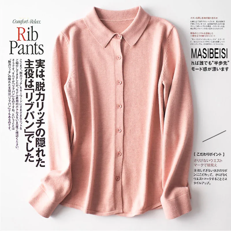 Розовый Autumn winter POLO lapel thick knit cardigan shirt Sweater Women cardigans wool Knitwear Cashmere Sweater cardigan coat - Цвет: Розовый