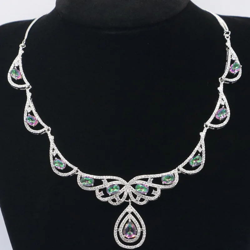 52x43mm Fancy Created Fire Rainbow Mystic Topaz White Zircon Ladies Wedding Silver Necklace 20-21inch | Украшения и аксессуары