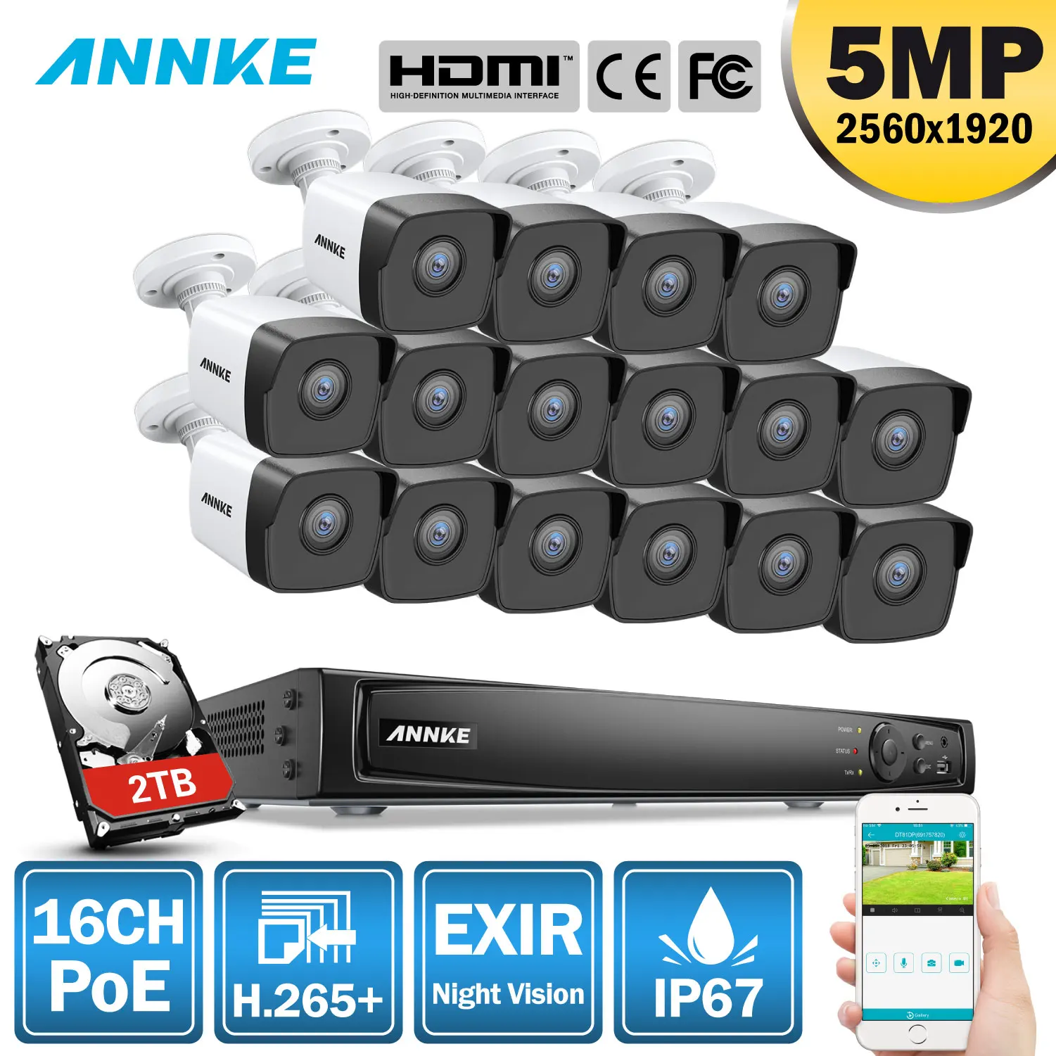 

ANNKE 16CH HD 5MP POE Network Video Security System 8MP H.265 NVR With 16X 5MP 30m EXIR Night Vision Weatherproof WIFI IP Camera