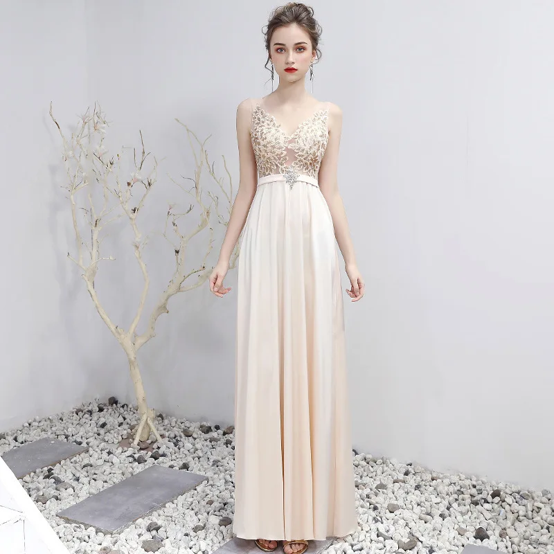 

2019 Deep V Neck Sexy Cheongsam China Apricot Slim See Through Gown Qi Pao Women Chinese Evening Dress Qipao Promotion Robe