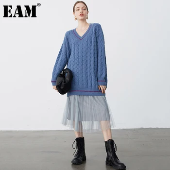 

[EAM] Women Blue Knitting Mesh Temperament Dress New Round Neck Long Sleeve Loose Fit Fashion Tide Spring Autumn 2020 1DB578