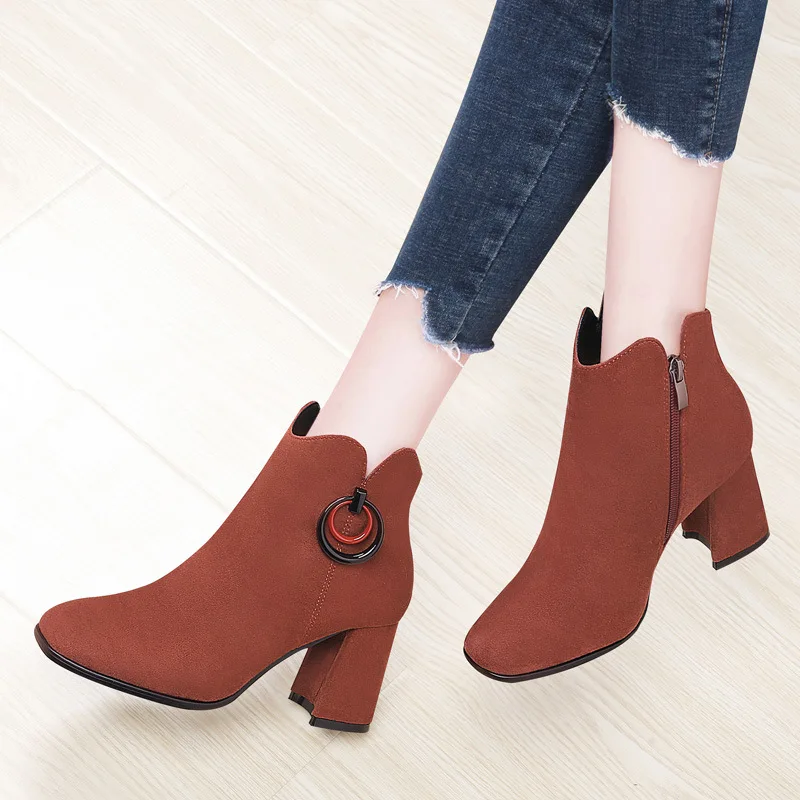 

Black And White with Pattern Short Boots WOMEN'S Shoes 2019 New Style Autumn And Winter plus Velvet Chunky-Heel Thin Boots Leath