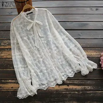 

Women's Summer Blouse ZANZEA 2020 Sexy See-through Shirts Fashion Lace Tops Female Bow Tie Blusas Chemise Button Floral Tunic