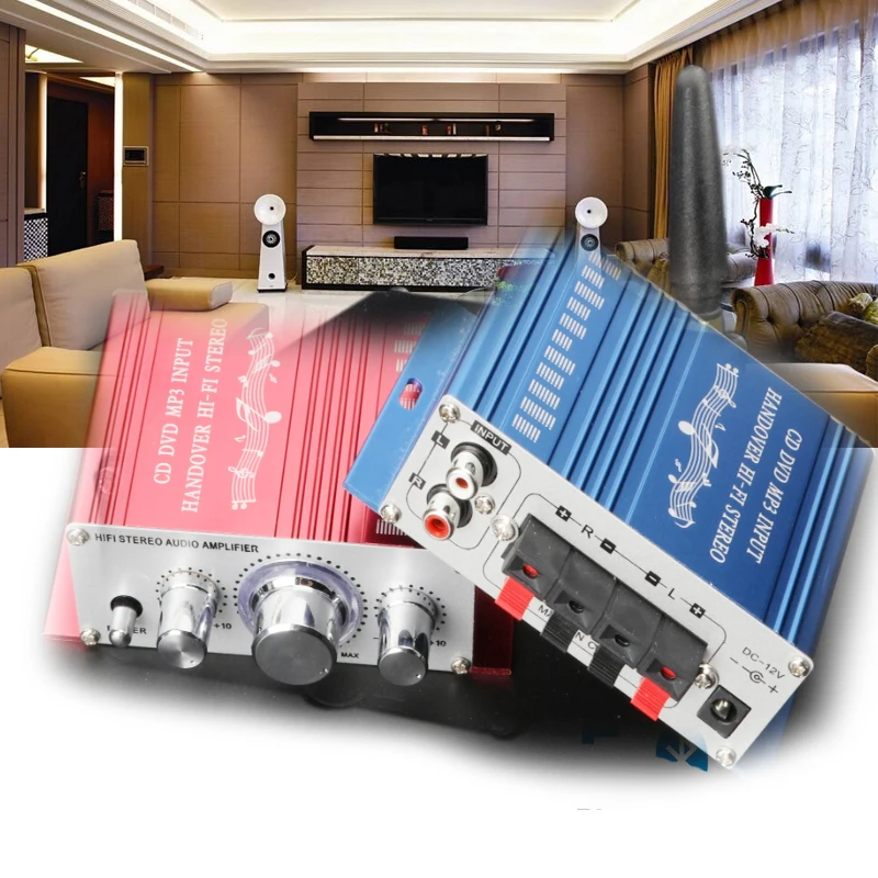 

KYYSLB DC12V 20W*2 HY2001 Car Amplifier 2.0 Channel 12.5*10*4.2cm Home Audio Mini HiFi Amplifier 75DB 20-20KHZ Red Blue Class AB