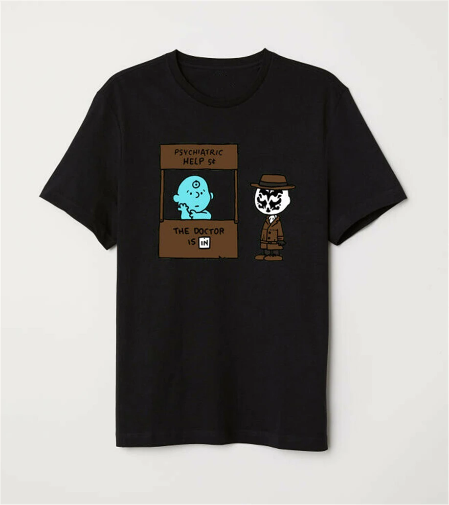 

Watchmen X Peanuts Dr Manhattan Lucy And Rorschach Charlie Funny Black T-Shirt Custom Special Print Tee Shirt