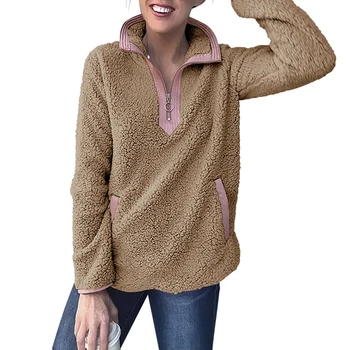 

Women Casual Long Sleeve Turtleneck Pullovers Female Autumn Warm Plush Lapel Zipper Sweatshirt Ladies Daily Hooded Top D30