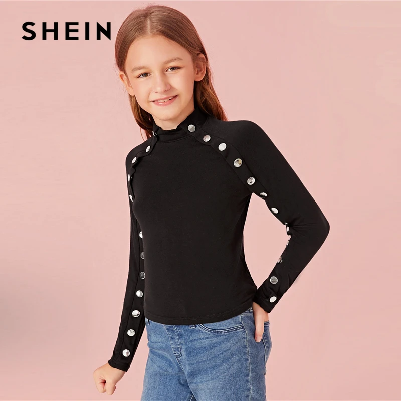 SHEIN Kiddie/черный воротник-стойка, Повседневная футболка с пуговицами, детский топ, г., Осенние однотонные Детские футболки с длинными рукавами