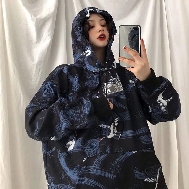 Woherb Harajuku, осенняя Женская толстовка с капюшоном, японский стиль, принт Журавля, толстовки, уличная одежда, повседневный свободный спортивный костюм, верхняя одежда