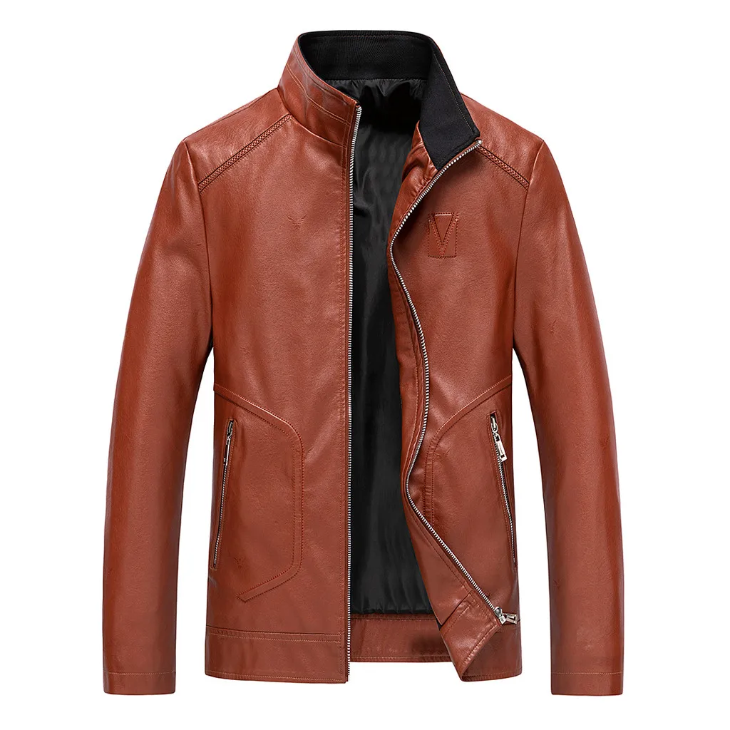 Мужская кожаная куртка мужская осенняя и зимняя однотонная с длинным рукавом
