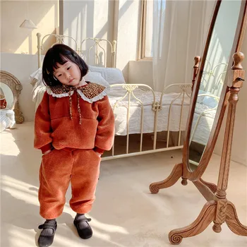 

Toddler Girls Flannel Warm Suits New Winter 2020 Korean Children's Plush and Thickened Lace Set Girls Wool Sweater 2-piece Set