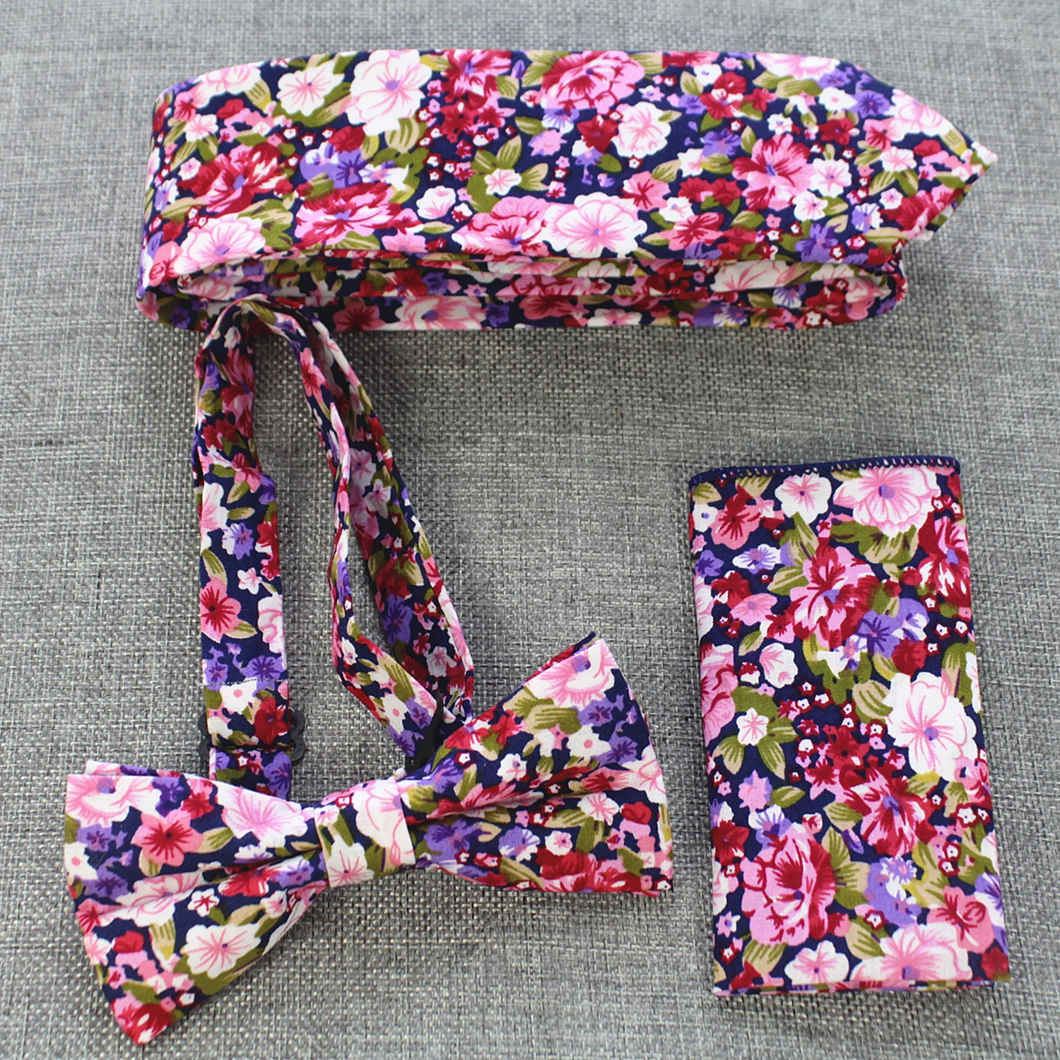  Ricnais 3PCS 6cm Slim Cotton Tie Set For Men Floral Print Bowtie Handkerchief Necktie Pocket Square