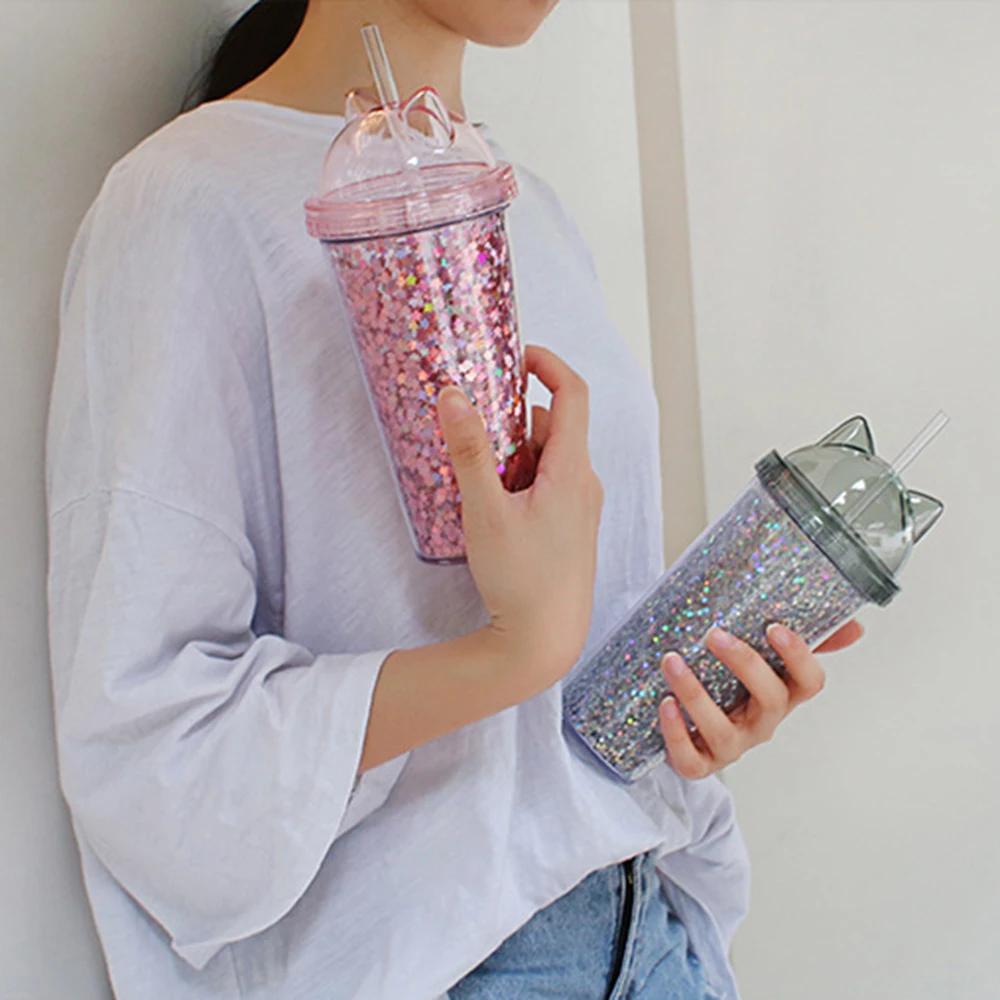 Креативная пластиковая бутылка с соломинкой из мультфильма BPA, вспышка с кошачьими ушками, двойная бутылка для питья, детская посуда для напитков, подарок