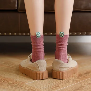 

Color Harajuku Retro Women Lady Cloth label Cotton Socks Winter In Tube Korean Purple Blue Yellow white Christmas Cute