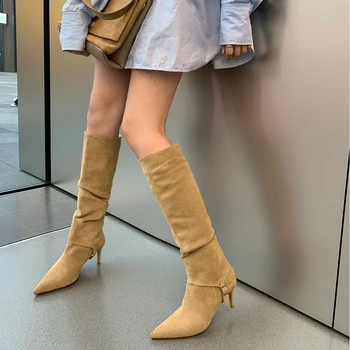 

HARAVAL women mid-calf boots wide pointed toe thin heel women boots suede leather autumn winter lady shoes simple fashion E82L