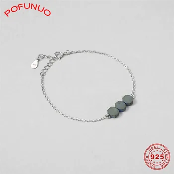 

POFUNUO 925 Sterling Silver Super Slim Bracelets Women Wooden Hexagon Charm Young Girls Bracelets Minimalist Fine Jewelry Gifts
