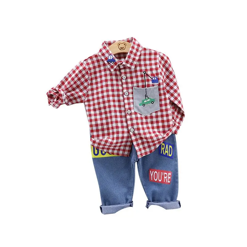  6New Autumn Casual Baby Boy Girl Clothes 0-4T Long Sleeve Plaid Printing Shirt And Jeans Toddler Ki
