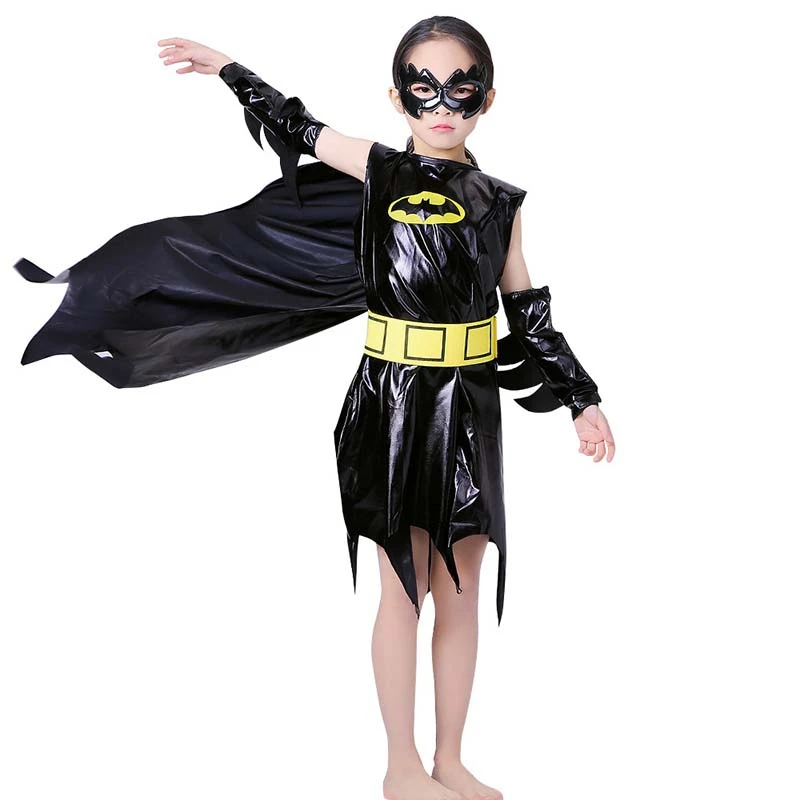 

Halloween Cosplay Kid Girls Clothes Female Batman Transforms Dress Matching Cloak Eye Mask Carnival Role Play Prom Gown Costume