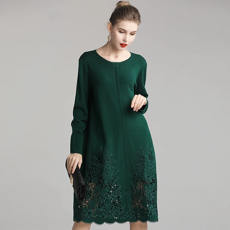 Высокое качество, новинка, осенне-зимнее шерстяное трикотажное платье для женщин, открытая вышивка, длинный рукав, длина до середины икры, зеленое, красное, платье для сидения