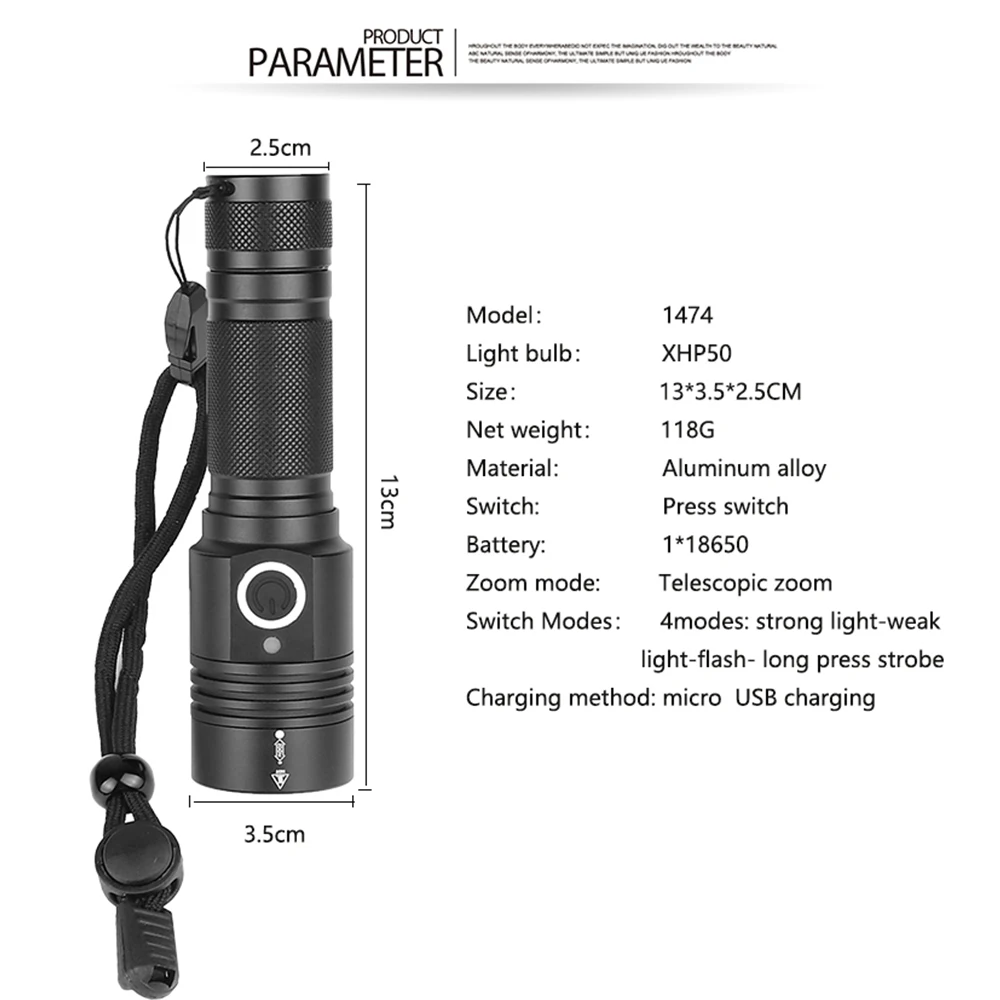 Фонарик ультра яркий xhp50.2 светодиодный фонарь USB Перезаряжаемый Фонарик масштабируемый светодиодный фонарик с 18650 батареей