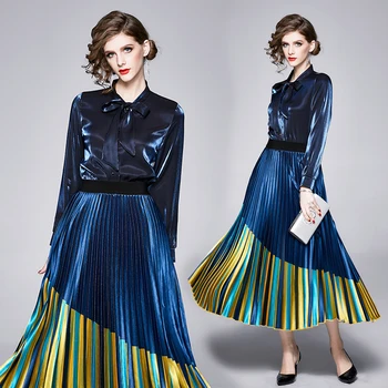 

HAMALIEL Runway Fashion Spring Women Bowknot Long Sleeve Loose Shirt 2 Piece Set + Vintage Hit Color Pleated Long Skirt Set