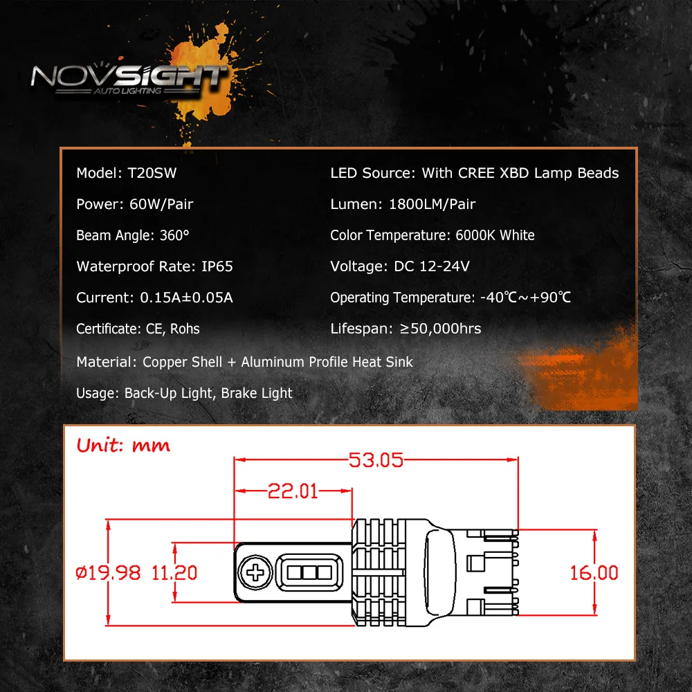 NOVSIGHT T20SW 60 Вт 1800LM Автомобильный светодиодный фонарь Противотуманные фары 12-24 В медный проводящий светодиодный 6000K белая противотуманная лампа светодиодные лампы