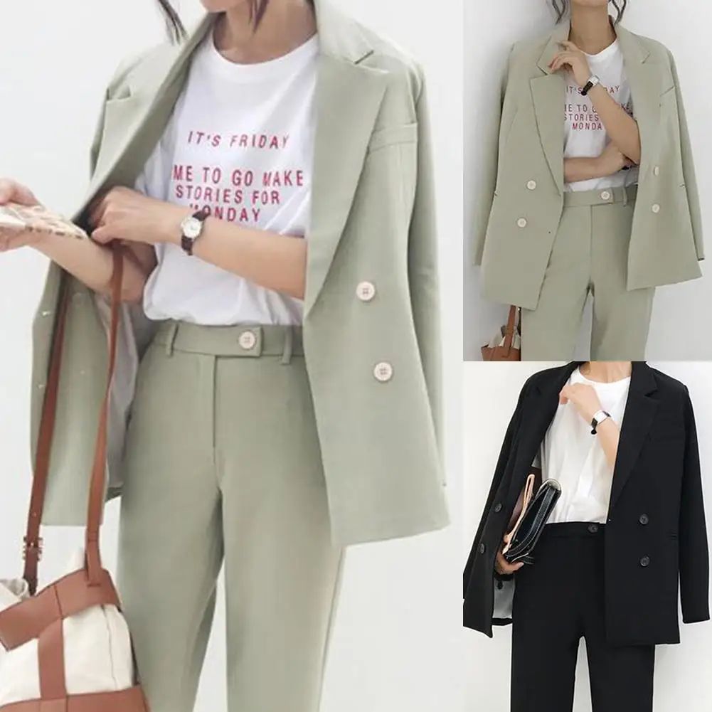 

2020 2Pcs/Set Office Lady Suit Set Autumn Solid Color Double-breasted Blazer Long Pants