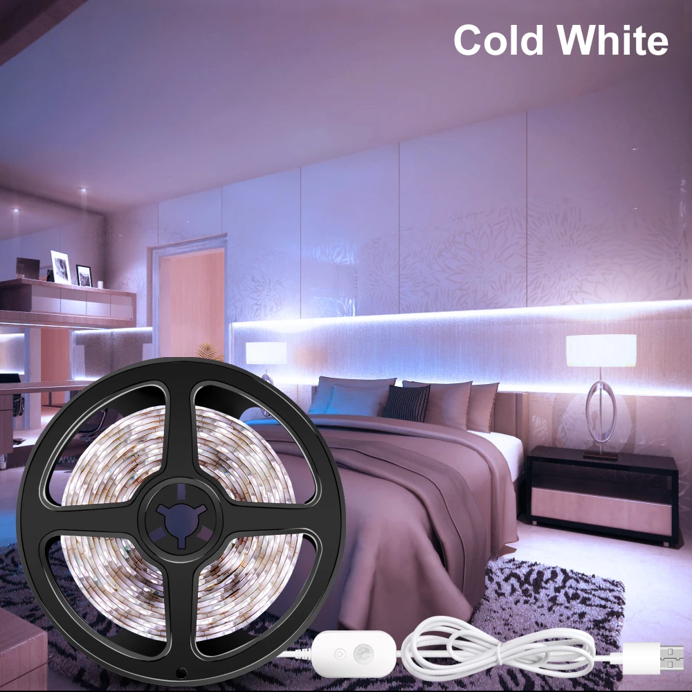 Cold White 5V PIR LED Closet Light Tape Wireless Lamp Kitchen Cabinet Light Motion Sensor Lamp LED Strip Waterproof USB LED Lighting Ribbon - Цвет: Cold White