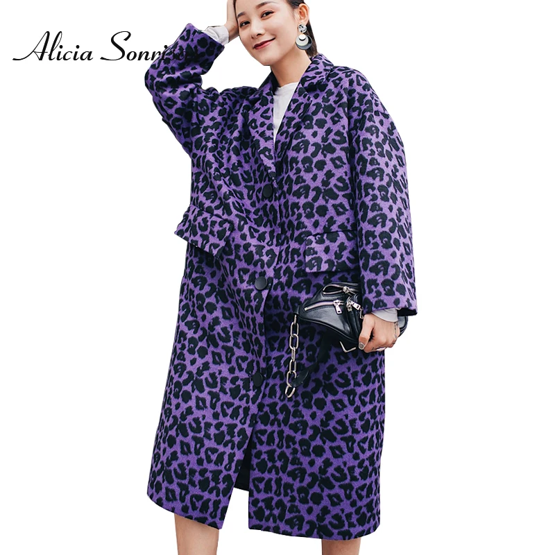

2019 Winter Woolen Coat Women Long New Purple Leopard Wool Blends Coats Thick Warm Loose Plus Size Female Outwear