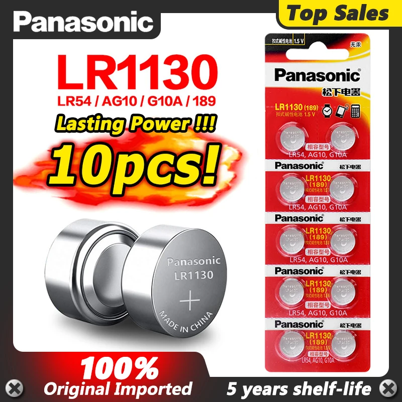 10 unids/lote Panasonic batería 1,5 V AG10 LR1130 alcalina de botón de batería AG10 389 LR54 SR54 SR1130W 189 LR1130 pilas de botón