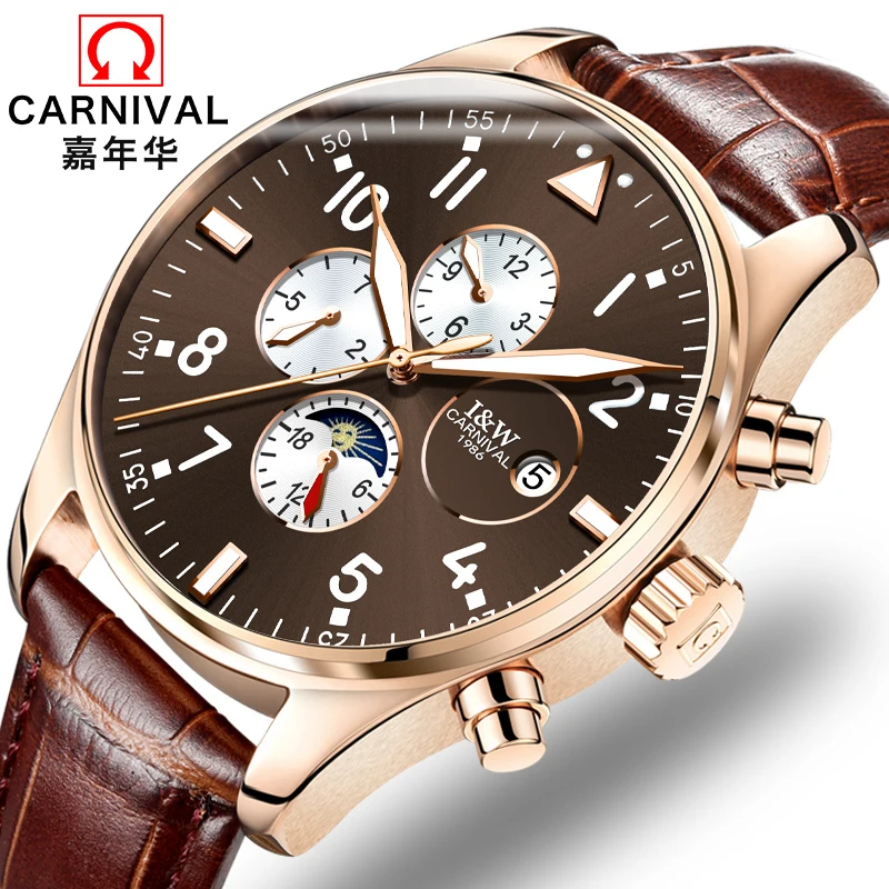 

Carnival Top Brand Luxury Mens Watches Sapphire Fashion Mechanical wrist Watch Multifunction 6 Hands moon phase waterproof reloj