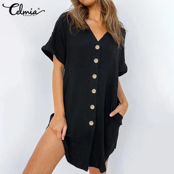 

Celmia 2020 Summer Sexy Mini Dress Women Cotton Sundress Ladies V neck Short Sleeve Casual Solid Party Beach Vestidos Robe Mujer