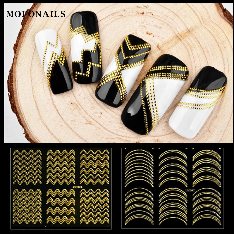 

1PC Golden Strip 3D Nail Sticker Decals 9X7.7cm/Sheets Hollow Hot Stamping Sticker Gold Stud Sticker Nail Tips Art Wave Stickers