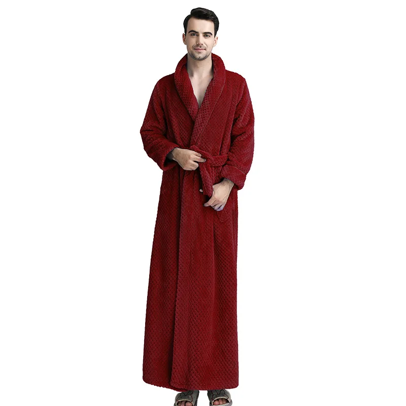 Прямая с фабрики, мужской удлиненный зимний халат в сетку, мужское роскошное кимоно, фланелевый банный халат, мужской свободный мягкий ночной халат - Цвет: Red Wine
